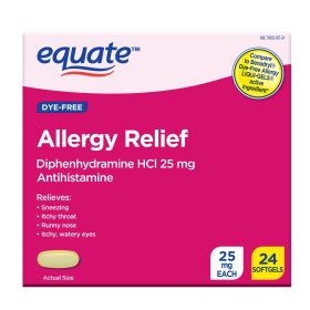 Equate Allergy Relief Softgels with Diphenhydramine Hcl;  25mg Antihistamine;  24 Count